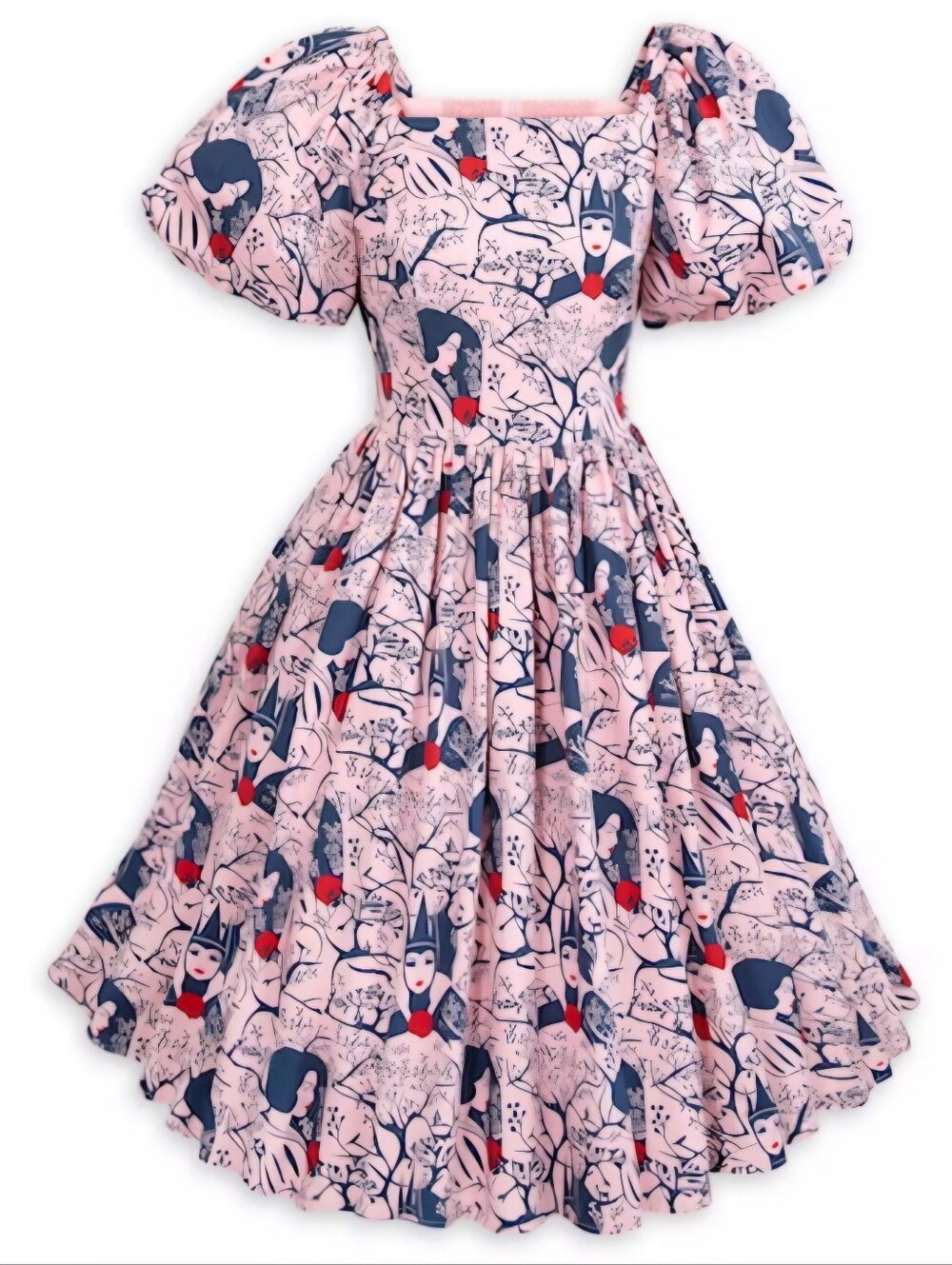 Disney Pink Puff-Sleeve Midi Dress with Navy & Red Character Print